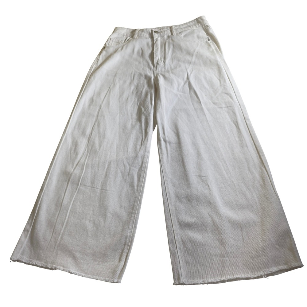 Boho Wide Leg Jeans Womens 30 (0-2) White Raw Hem High Waisted Hippie Streetwear